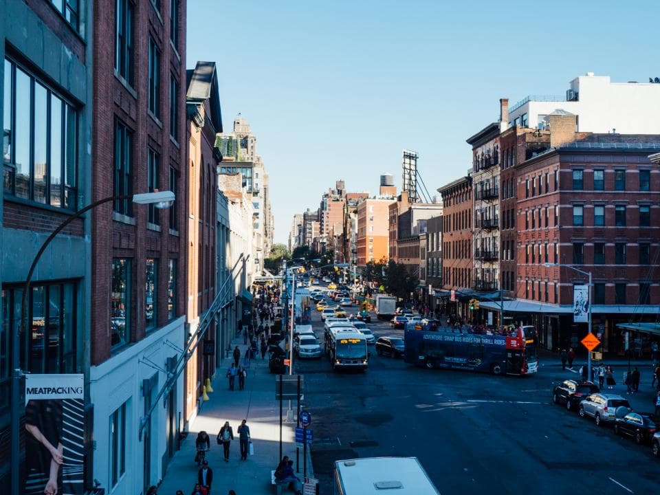 A city street lined with buildings