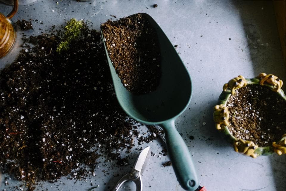 A garden trowel in fresh soil